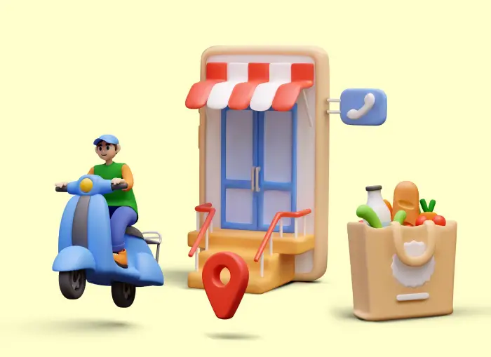 3d courier scooter smartphone with door striped canopy bag with food 776652 5626 200 متن تبلیغاتی رستوران و فست فودی برای تبلیغات