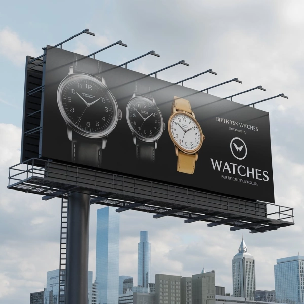 a 3d render of a watch next to a billboard adverti nVK6Ap4QQkyCjQDBnytT2A  ۶۰ متن تبلیغاتی برای فروش ساعت